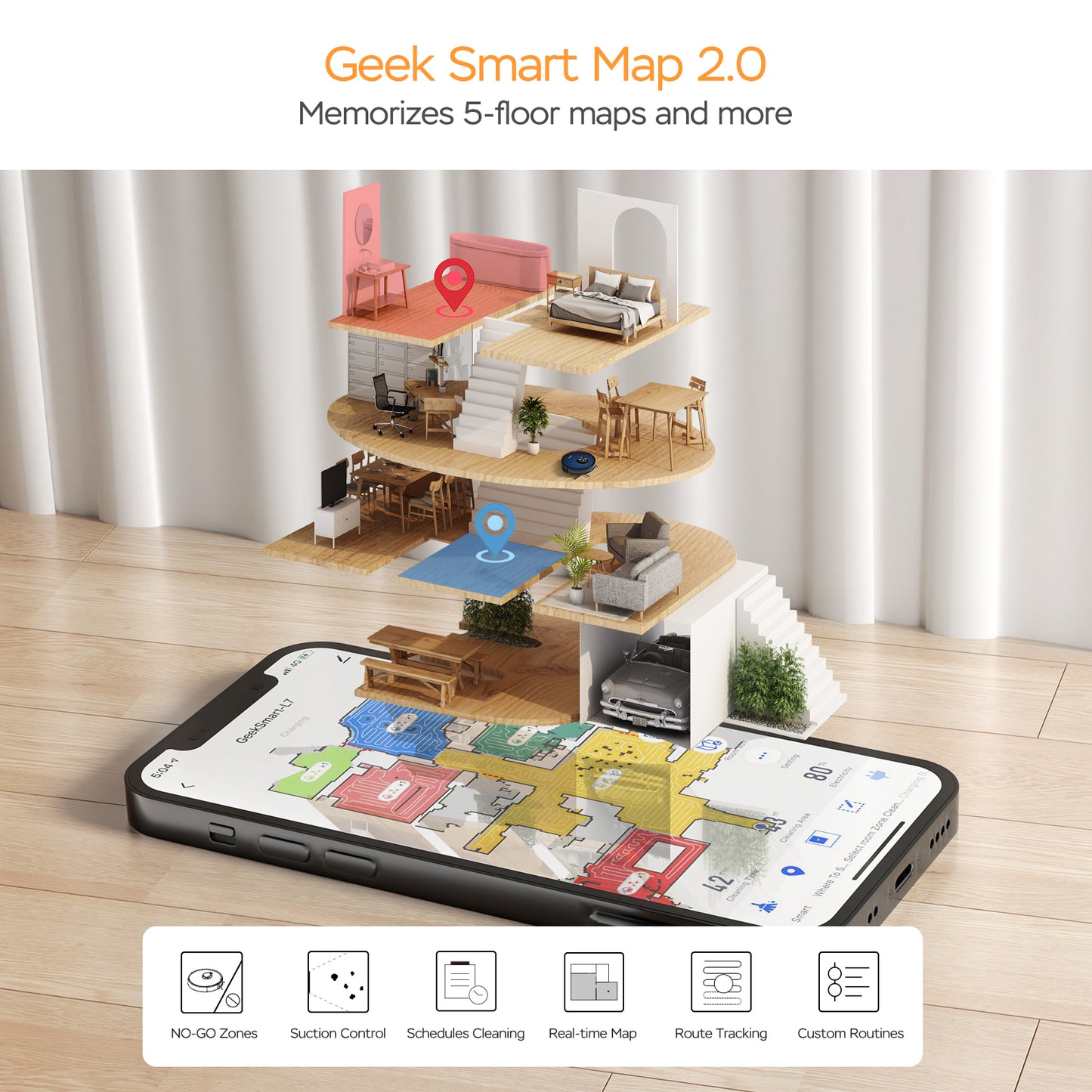Geek Smart L7 Robot Vacuum Cleaner And Mop, Wi-Fi Connected APP